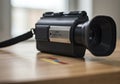 Vintage Video Camcorder with Eyecup on Wooden Table Royalty Free Stock Photo