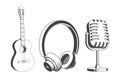 Retro music equipment Icons. Set include classical acoustic guitar, headphones, microphone. For t shirt, emblem, logo, badge Royalty Free Stock Photo