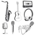Retro music equipment Icons. Set include saxophone, classical acoustic guitar, headphones, microphone, classical audio Royalty Free Stock Photo