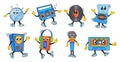 Retro music mascots. Vintage stereo musical devices characters dance sneaker on acid party, funny cartoon monster disco