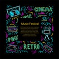 Retro music neon card concept in doodle style Royalty Free Stock Photo