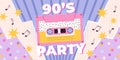 Retro music party ad invitation. 80s 90s radio background, disco graphic vintage style. Old school cassette, racy funky