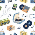 Retro Music Pattern. Seamless Background With Old Cassettes, Boomboxes, Turntables, Tape Recorders And Vinyls In 60s And
