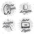 Retro music poster, banner. Retro microphone, headphones, audio cassette, classical acoustic guitar with sunburst