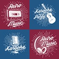 Retro music poster, banner. Retro microphone, headphones, audio cassette, classical acoustic guitar with sunburst