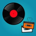 Retro music recordings, audio cassettes, vinyl discs.