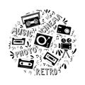 Retro music round frame in doodle style. Vector illustration with different art elements Royalty Free Stock Photo