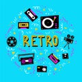 Retro music round frame in doodle style. Vector illustration with different art elements Royalty Free Stock Photo