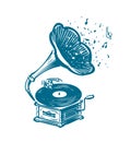 Retro musical gramophone. Drawn vintage phonograph. Musical concept Royalty Free Stock Photo