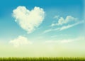 Retro nature background with blue sky with hearts shape clouds.