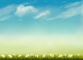 Retro nature background with green grass and sky