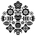 Scandinavian cute folk vector pattern with flowers and ladybird, black and white floral pattern inspired by traditional embroidery Royalty Free Stock Photo