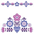 Scandinavian cute folk vector pink and purple greeting card pattern with flowers, spring floral design inspired by traditional emb