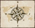 Retro nautical compass. Hand drawn wind rose on map background. Old vector design element for marine theme and heraldry Royalty Free Stock Photo