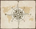 Retro nautical compass. Hand drawn wind rose on map background. Old vector design element for marine theme and heraldry Royalty Free Stock Photo