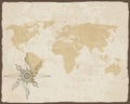 Retro nautical compass on old paper texture world map with torn border frame. Hand drawn antique nautical old vector Royalty Free Stock Photo