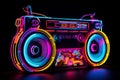 Retro neon boombox music cassete stereo recorder illustration. 80s disco concept Royalty Free Stock Photo