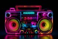 Retro neon boombox music cassete stereo recorder illustration. 80s disco concept Royalty Free Stock Photo