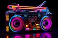 Retro neon boombox music cassette stereo recorder illustration. 80s disco concept Royalty Free Stock Photo