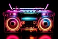 Retro neon boombox music cassette stereo recorder illustration. 80s disco concept Royalty Free Stock Photo