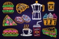 Retro neon burger, cola, croissant, coffee and fast food sign on brick wall background. Design for cafe, restaurant Royalty Free Stock Photo