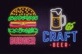 Retro neon burger and craft beer sign on brick wall background. Design for cafe, hotel,restaurant or motel.