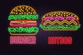 Retro neon burger and hotdog sign on brick wall background. Design for fast food cafe.