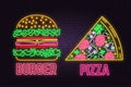 Retro neon burger and pizza sign on brick wall background. Design for fast food cafe.