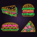 Retro neon burger, sandwich, hot dog and pizza sign on brick wall background. Design for cafe, restaurant. Vector. Neon