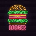 Retro neon burger sign on brick wall background. Design for cafe, hotel, restaurant or motel.