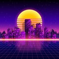 Retro neon city background. Neon style 80s. Vector illustration