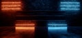 Retro Neon Cyber Laser Fluorescent Blue Orange Tube Lights Glowing On Old Club Night Dance Grunge Brick Wall Cement Concrete Floor Royalty Free Stock Photo