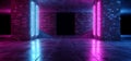 Retro Neon Futuristic Grunge Brick Concrete Glowing Purple Pink Blue Empty Dance Podium Room Club With Stairs Sci Fi Lasers Rays