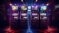 Retro neon glowing arcade machines in a games room.