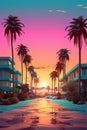 Retro neon lights in a city with sunrise and palm trees Royalty Free Stock Photo