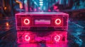 Retro neon pink cassette on a wet floor in a dark, futuristic setting. Perfect for 80s nostalgia, synthwave style, and