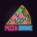 Retro neon pizza house sign on brick wall background. Design for sign or label.