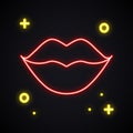 Retro neon red lips sign. Bright kiss. Glowing woman lips. Valentine`s day, love theme.