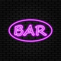 Retro neon sign with the word bar. Vintage electric symbol. Burning a pointer to a black wall in a club, bar or cafe