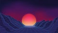 Retro neon synthwave, arcade game background. Techno mountain landscape with retro wave future space wallpaper. Bright