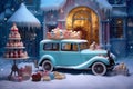 festive retro holiday candy merry snow winter car christmas gift. Generative AI.