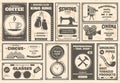 Retro newspaper goods and services old advertising banners. Vintage newspaper ads vector illustration set. Newspaper shops Royalty Free Stock Photo