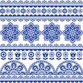 Scandinavian cute folk art seamless vector design with flowers - blue textile or fabric print decor