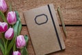 Retro notebook and golden pen with pink tulips Royalty Free Stock Photo
