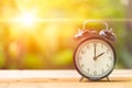Retro 2 o`Clock and Morning sun with Bright and Flare Day Light Blur Green Garden. Royalty Free Stock Photo