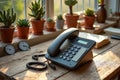 Retro office scene with desk telephone and sunlit succulents by window Royalty Free Stock Photo