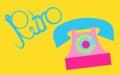 Retro, old, antique, hipster, vintage, ancient, disk, pink phone with a tube with a retro inscription written in beautiful blue le Royalty Free Stock Photo