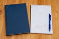 Retro old blue book with a notepad and pen on a desk