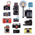Retro old cameras and symbols for photographers. Vector flat pictures Royalty Free Stock Photo