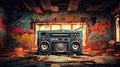 Retro old design ghetto blaster boombox radio cassette tape recorder from 1980s in a grungy graffiti covered room.music blaster